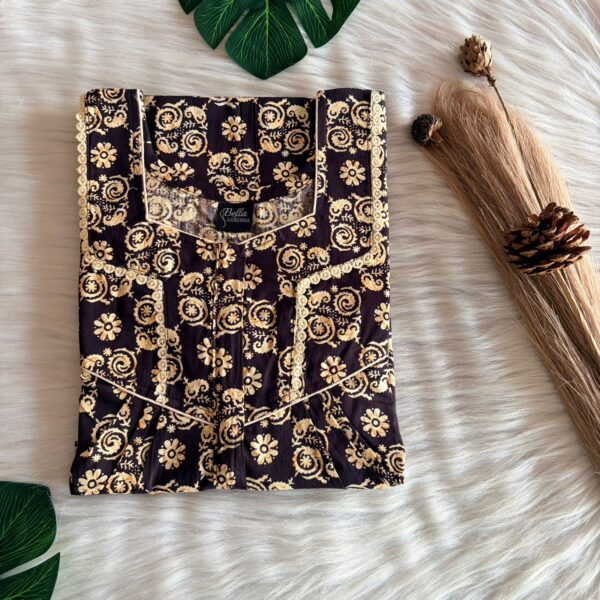 Coffee Brown Floral Printed Premium Cotton Long Zip Lace Feeding Nighty | Free Size | Chest Width 44″| Length 56″