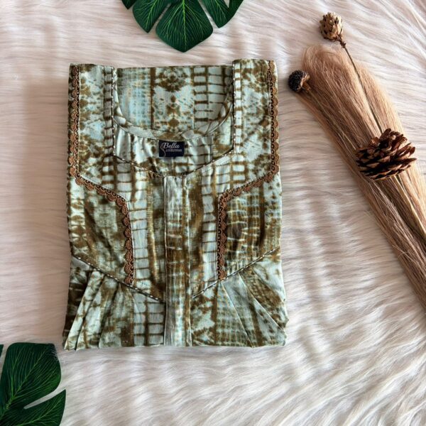 Green Printed Premium Cotton Long Zip Lace Feeding Nighty | Free Size | Chest Width 44″| Length 56″