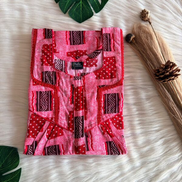 Red And Peach Printed Premium Cotton Long Zip Lace Feeding Nighty | Free Size | Chest Width 44″| Length 56″
