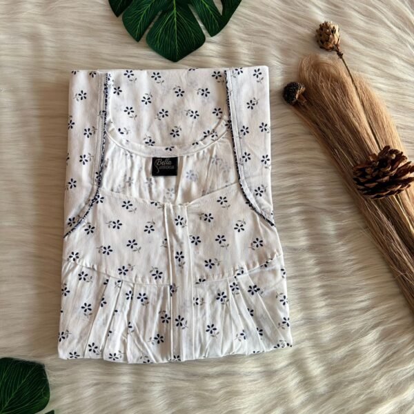 White Floral Printed Pure Cotton Pleated Zip Nighty | Chest Width 44″ | Length 54″-55″