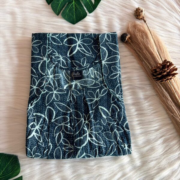 Green Floral Printed Premium Cotton Pleated Zip Nighty | Free Size | Chest Width 44″| Length 54″-55″