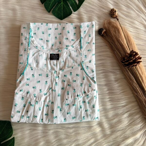 Green Floral Printed White Pure Cotton Plus Size Pleated Zip Nighty | Chest Width 50″| Length 54″-56″