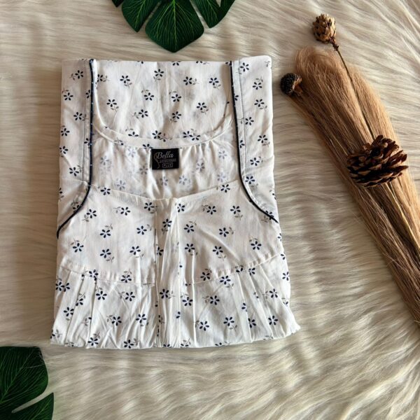 Blue Floral Printed White Pure Cotton Plus Size Pleated Zip Nighty | Chest Width 50″| Length 54″-56″