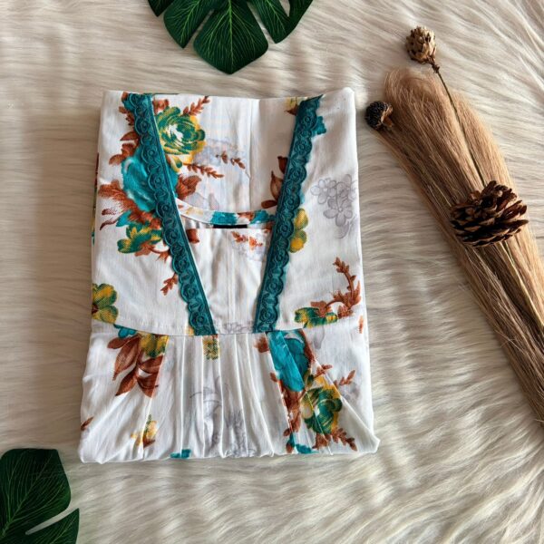 Blue Floral Printed White Premium Cotton V-Neck Lace Pleated Nighty | No Zip | Free Size | Chest Width 44″| Length 56″