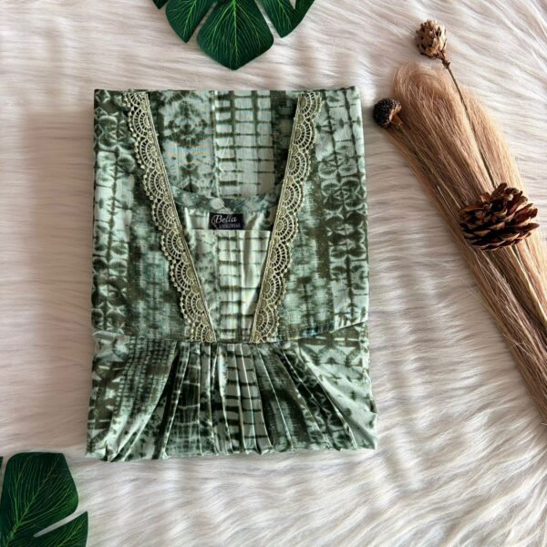 Green Printed Premium Cotton V-Neck Lace Pleated Nighty | No Zip | Free Size | Chest Width 44″| Length 56″