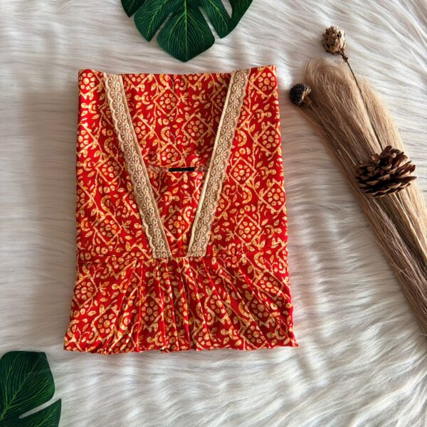 Red Printed Premium Cotton V-Neck Lace Pleated Nighty | No Zip | Free Size | Chest Width 44″| Length 56″
