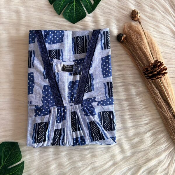 Blue Printed Premium Cotton V-Neck Lace Pleated Nighty | No Zip | Free Size | Chest Width 44″| Length 56″