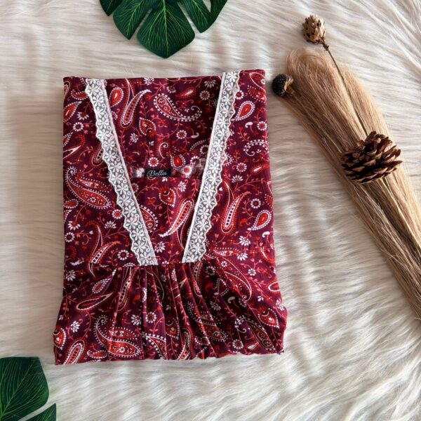 Maroon Kalamkari Printed Premium Cotton V-Neck Lace Pleated Nighty | No Zip | Free Size | Chest Width 44″| Length 56″