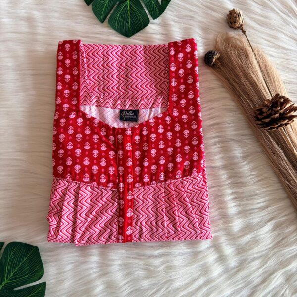 Red And White Printed Premium Cotton Square Neck Pleated Nighty | Free Size | Chest Width 44″| Length 55″-56″