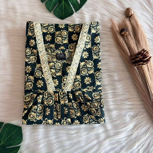 Green And Cream Printed Premium Cotton V-Neck Lace Pleated Nighty | No Zip | Free Size | Chest Width 44″| Length 56″