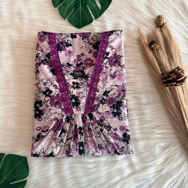 Lavender Floral Printed Premium Cotton V-Neck Lace Pleated Nighty | No Zip | Free Size | Chest Width 44″| Length 56″