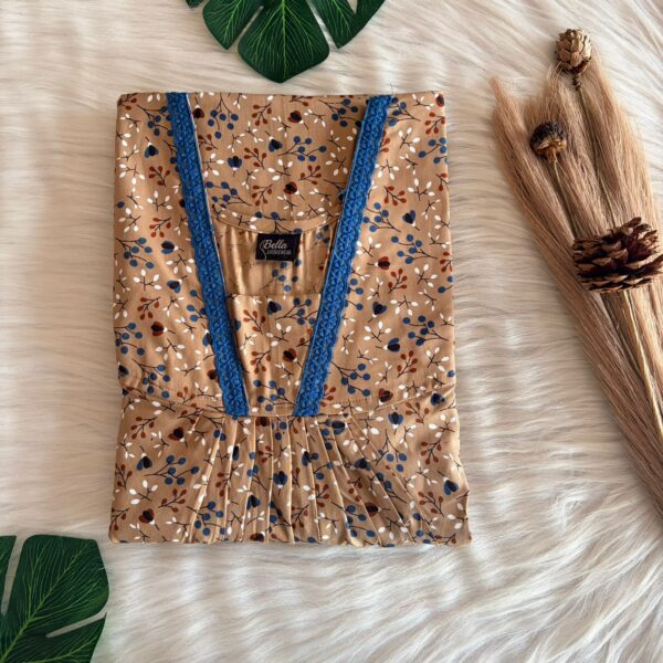 Brown Floral Printed Premium Cotton V-Neck Lace Pleated Nighty | No Zip | Free Size | Chest Width 44″| Length 56″