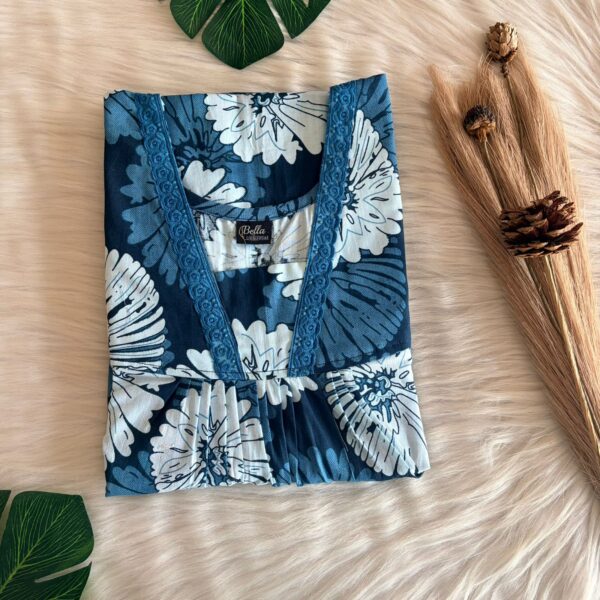 White And Blue Floral Printed Premium Cotton V-Neck Lace Pleated Nighty | No Zip | Free Size | Chest Width 44″| Length 56″