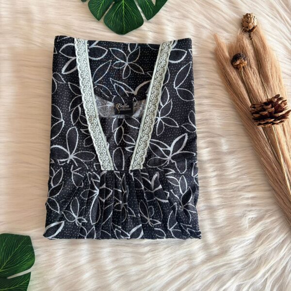 Black Floral Printed Premium Cotton V-Neck Lace Pleated Nighty | No Zip | Free Size | Chest Width 44″| Length 56″
