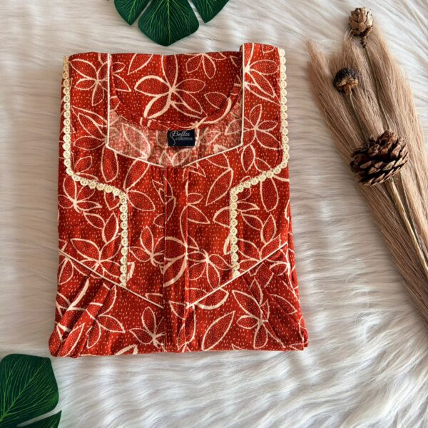 Rust Orange Floral Printed Premium Cotton Long Zip Lace Feeding Nighty | Free Size | Chest Width 44″| Length 56″