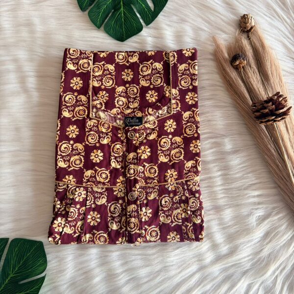 Maroon And Cream Printed Premium Cotton Button Zip Nighty | Free Size | Chest Width 44″| Length 55″-56″
