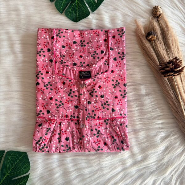 Pink Floral Printed Premium Cotton Button Zip Nighty | Free Size | Chest Width 44″| Length 55″-56″