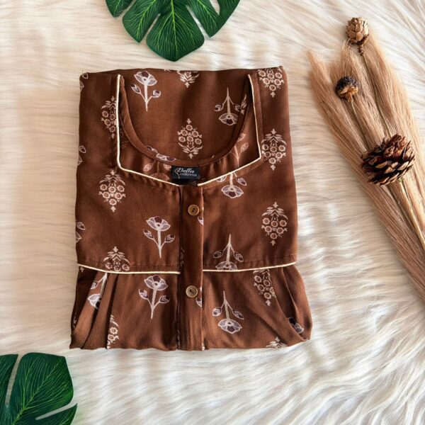 Brown Floral Printed Alpine Button Zip Nighty | Free Size | Chest Width 44″| Length 54″-56″