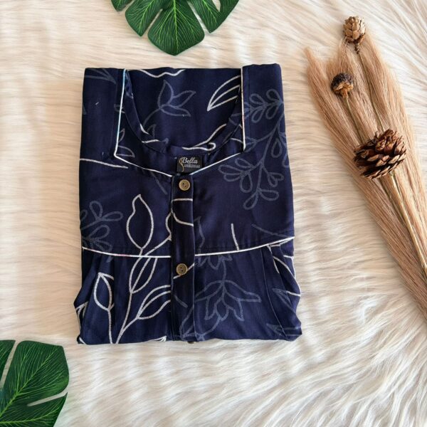 Navy-Blue Floral Printed Alpine Button Zip Nighty | Free Size | Chest Width 44″| Length 54″-56″