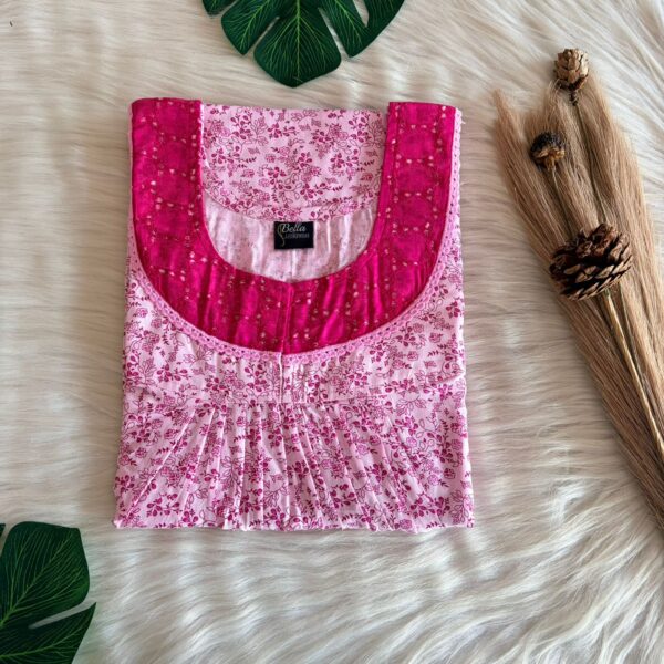 Pink Floral Printed Pure Cotton Hakoba Lace Nighty | Free Size | Chest Width 44″| Length 54″-56″