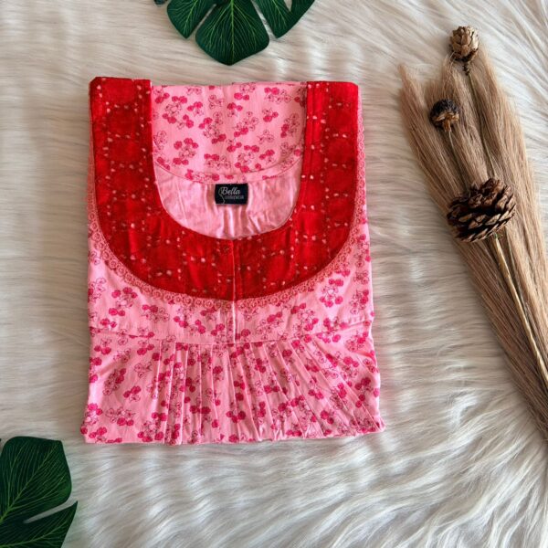 Peach And Red Floral Printed Pure Cotton Hakoba Lace Nighty | Free Size | Chest Width 44″| Length 54″-56″