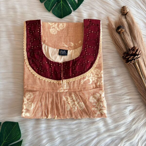 Maroon And Cream Floral Printed Pure Cotton Hakoba Lace Nighty | Free Size | Chest Width 44″| Length 54″-56″