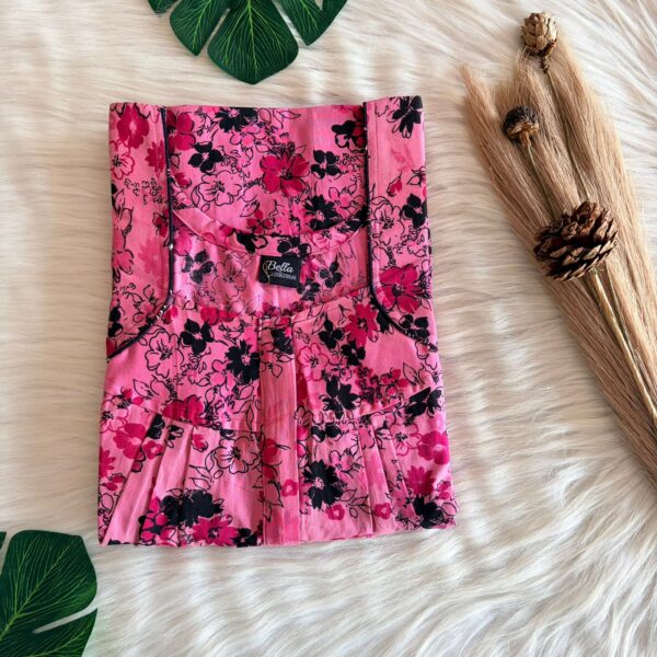 Pink Floral Printed Premium Cotton Pleated Zip Nighty | Free Size | Chest Width 44″| Length 54″-55″