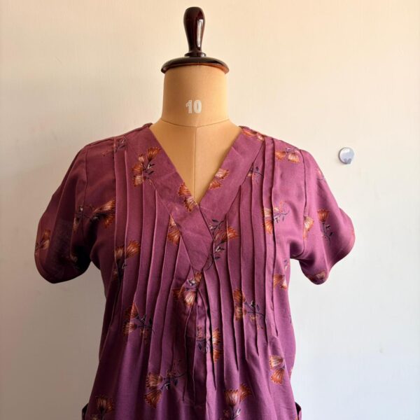 Mauve Pink Floral Printed V-Neck Alpine Churidar Cut Nighty | Free Size | Chest Width 44″| Length 56″ - Image 2