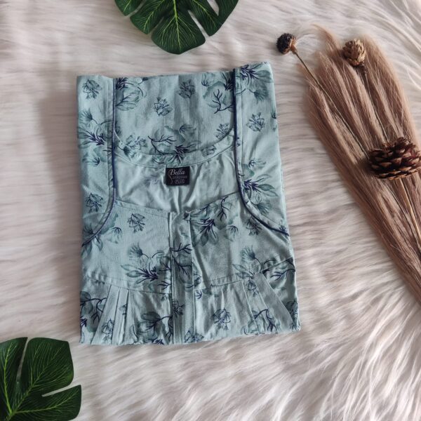 Pastel Green Floral Printed White Pure Cotton Plus Size Pleated Zip Nighty | Chest Width 50″| Length 54″-56″