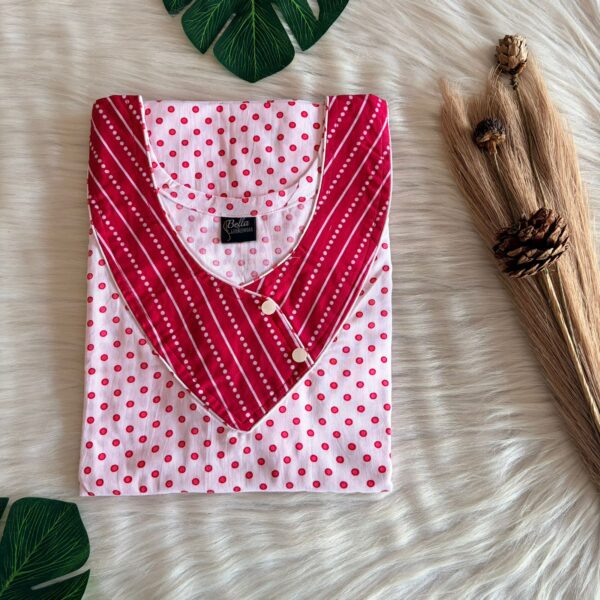 Pink And White Dots Printed Side Button Nighty | Free Size | Chest Width 44″| Length 55″-56″