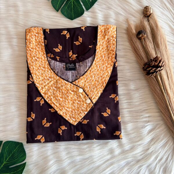 Orange And Coffee Brown Printed Premium Cotton Side Button Nighty | Free Size | Chest Width 44″| Length 55″-56″