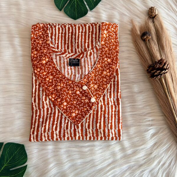 Brown And White Stripes Printed Premium Cotton Side Button Nighty | Free Size | Chest Width 44″| Length 55″-56″