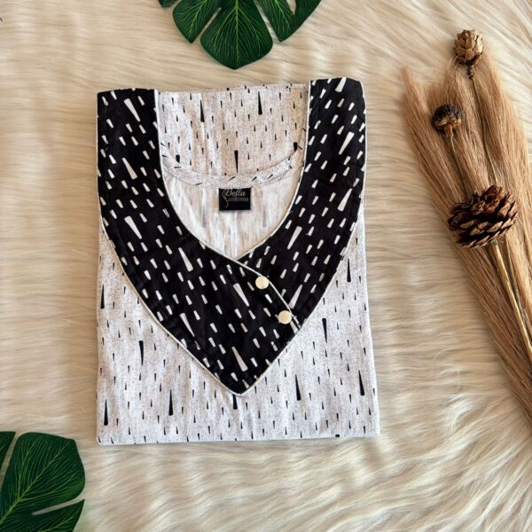 Black And White Printed Premium Cotton Side Button Nighty | Free Size | Chest Width 44″| Length 55″-56″