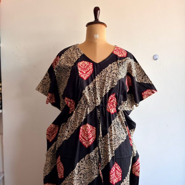 Black Ajrakh Printed Premium Cotton Feeding Kaftan | Free Size | Chest Width 44″| Length 56″