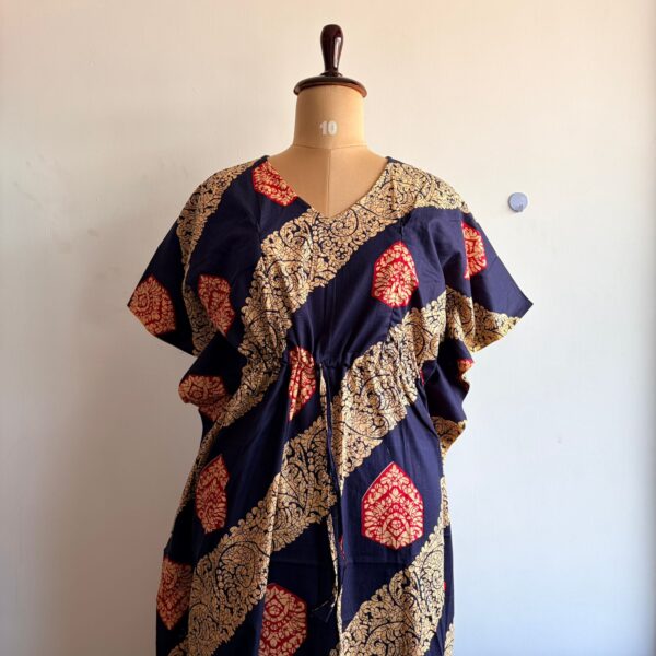 Navy-Blue Ajrakh Printed Premium Cotton Feeding Kaftan | Free Size | Chest Width 44″| Length 56″