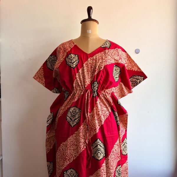 Red Ajrakh Printed Premium Cotton Feeding Kaftan | Free Size | Chest Width 44″| Length 56″