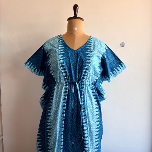 Pale And Dark Blue Bandhani Printed Premium Cotton Feeding Kaftan | Free Size | Chest Width 44″| Length 56″