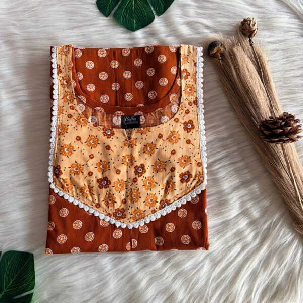 Cream And Rust Brown Printed Premium Cotton Mix N Match Lace Pocket Nighty | Free Size | Chest Width 44″| Length 56″