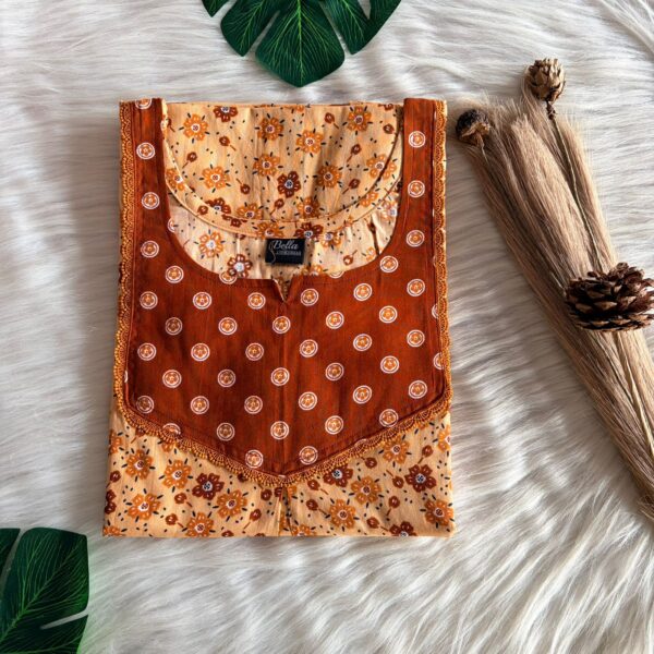 Rust Brown And Cream Floral Printed Premium Cotton Mix N Match Lace Pocket Nighty | Free Size | Chest Width 44″| Length 56″