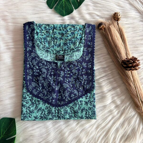 Navy-Blue And Green Floral Printed Premium Cotton Mix N Match Lace Pocket Nighty | Free Size | Chest Width 44″| Length 56″