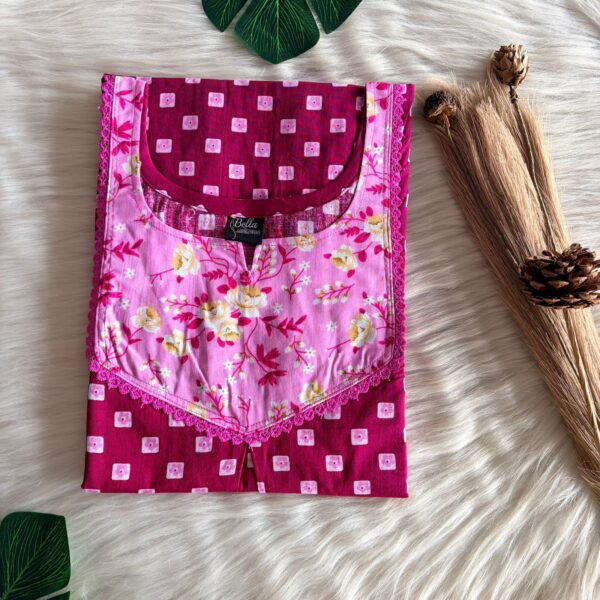 Pale And Dark Pink Printed Premium Cotton Mix N Match Lace Pocket Nighty | Free Size | Chest Width 44″| Length 56″