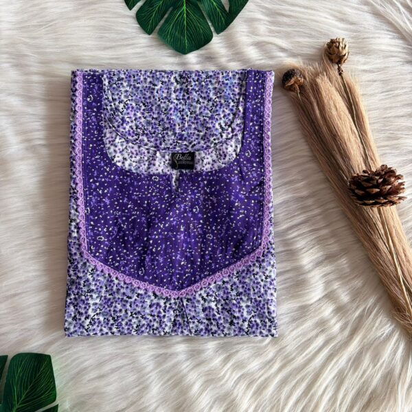 Dark And Pale Violet Floral Printed Premium Cotton Mix N Match Lace Pocket Nighty | Free Size | Chest Width 44″| Length 56″