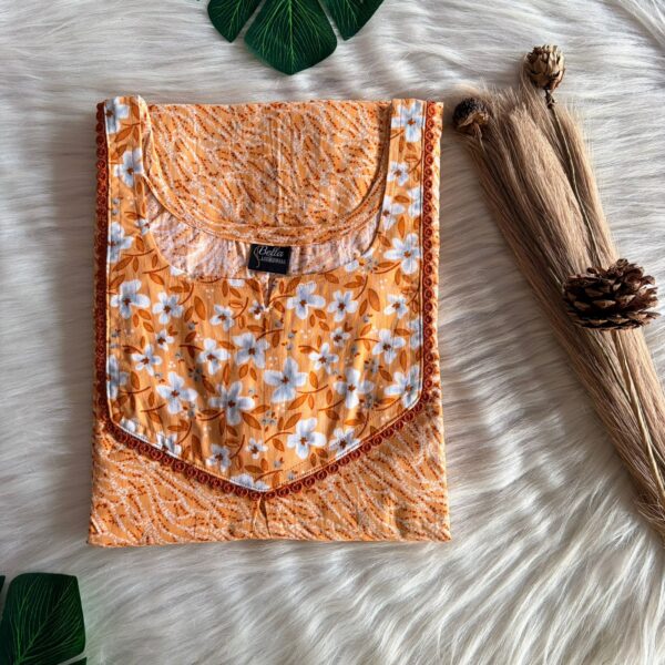 White And Orange Printed Premium Cotton Mix N Match Lace Pocket Nighty | Free Size | Chest Width 44″| Length 56″
