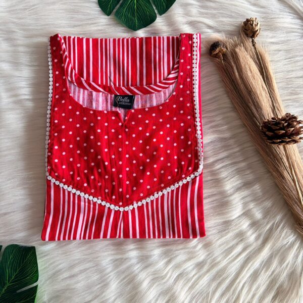 Red And White Stripes Printed Premium Cotton Mix N Match Lace Pocket Nighty | Free Size | Chest Width 44″| Length 56″