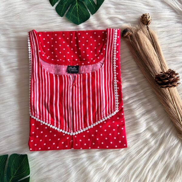 White And Red Dot Printed Premium Cotton Mix N Match Lace Pocket Nighty | Free Size | Chest Width 44″| Length 56″