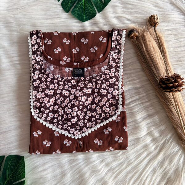 White And Brown Floral Printed Premium Cotton Mix N Match Lace Pocket Nighty | Free Size | Chest Width 44″| Length 56″