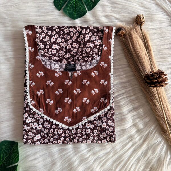 Brown And White Floral Printed Premium Cotton Mix N Match Lace Pocket Nighty | Free Size | Chest Width 44″| Length 56″