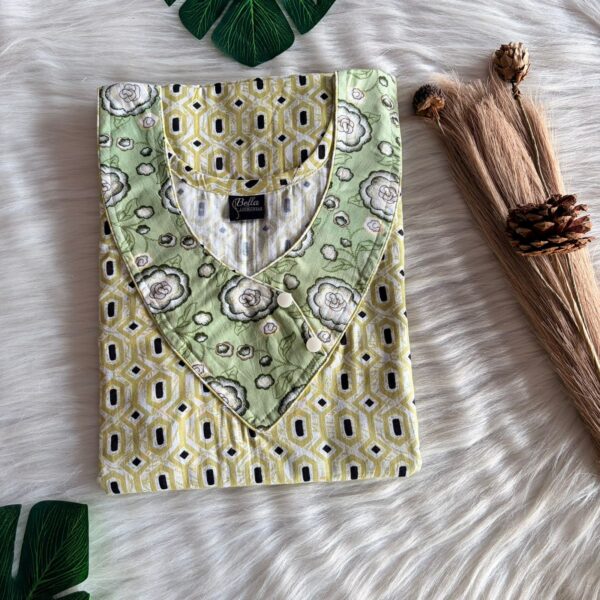 White And Pista Green Printed Premium Cotton Side Button Nighty | Free Size | Chest Width 44″| Length 55″-56″