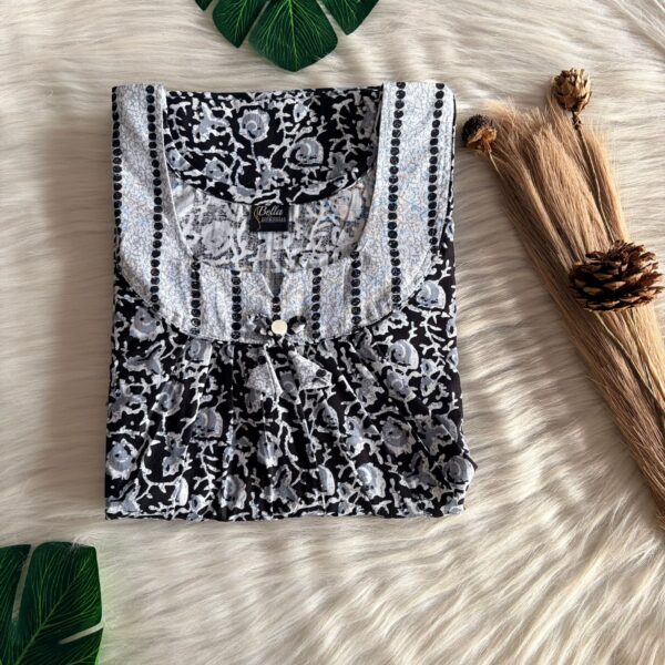 White And Black Floral Printed Premium Cotton No Zip Pleated Nighty | Free Size | Chest Width 44″| Length 55″-56″