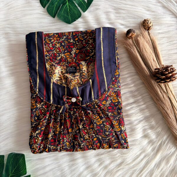 Navy-Blue And Red Floral Printed Premium Cotton No Zip Pleated Nighty | Free Size | Chest Width 44″| Length 55″-56″